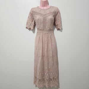 Polagram - Dress Lace Midi Short Sleeve Modest A-line - Size M - Baby Pink